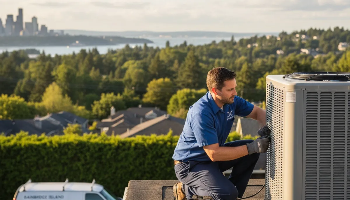 HVAC technician performing AC repair service in Seattle WA home