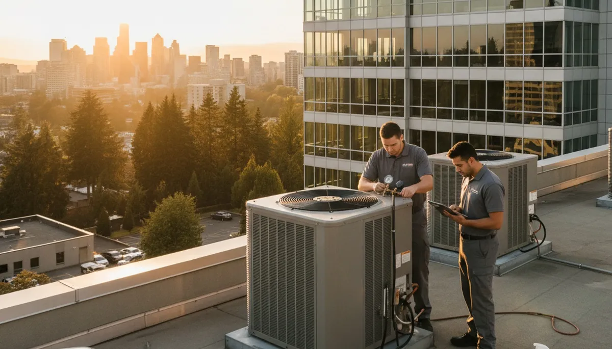 Professional AC repair technician servicing air conditioner unit in Seattle, WA