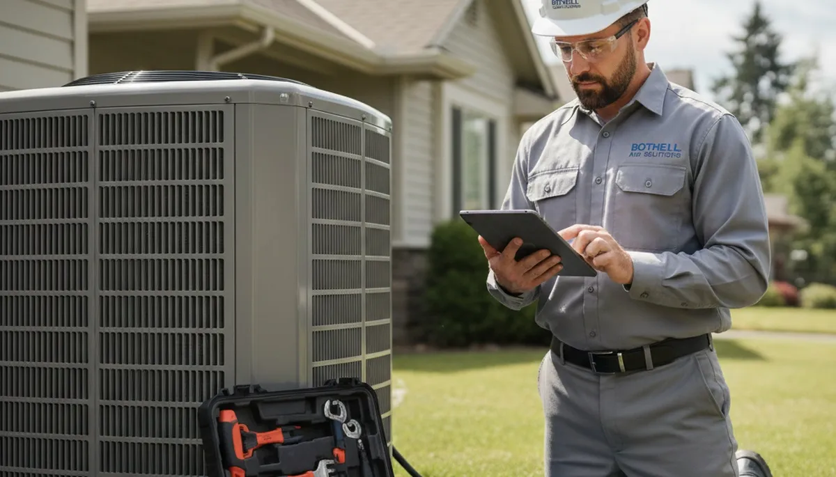 Professional AC repair technician servicing air conditioner unit in Seattle WA home