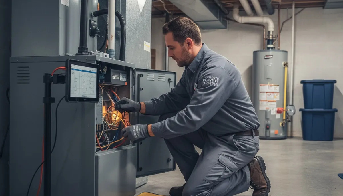 Technician performing heating repair on furnace in Seattle, WA home for Five Star Cooling