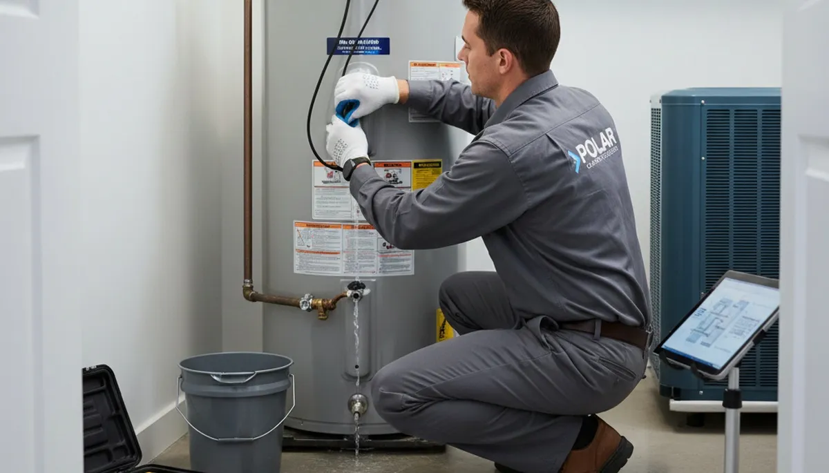Technician repairing residential water heater in Seattle WA for Five Star Cooling service